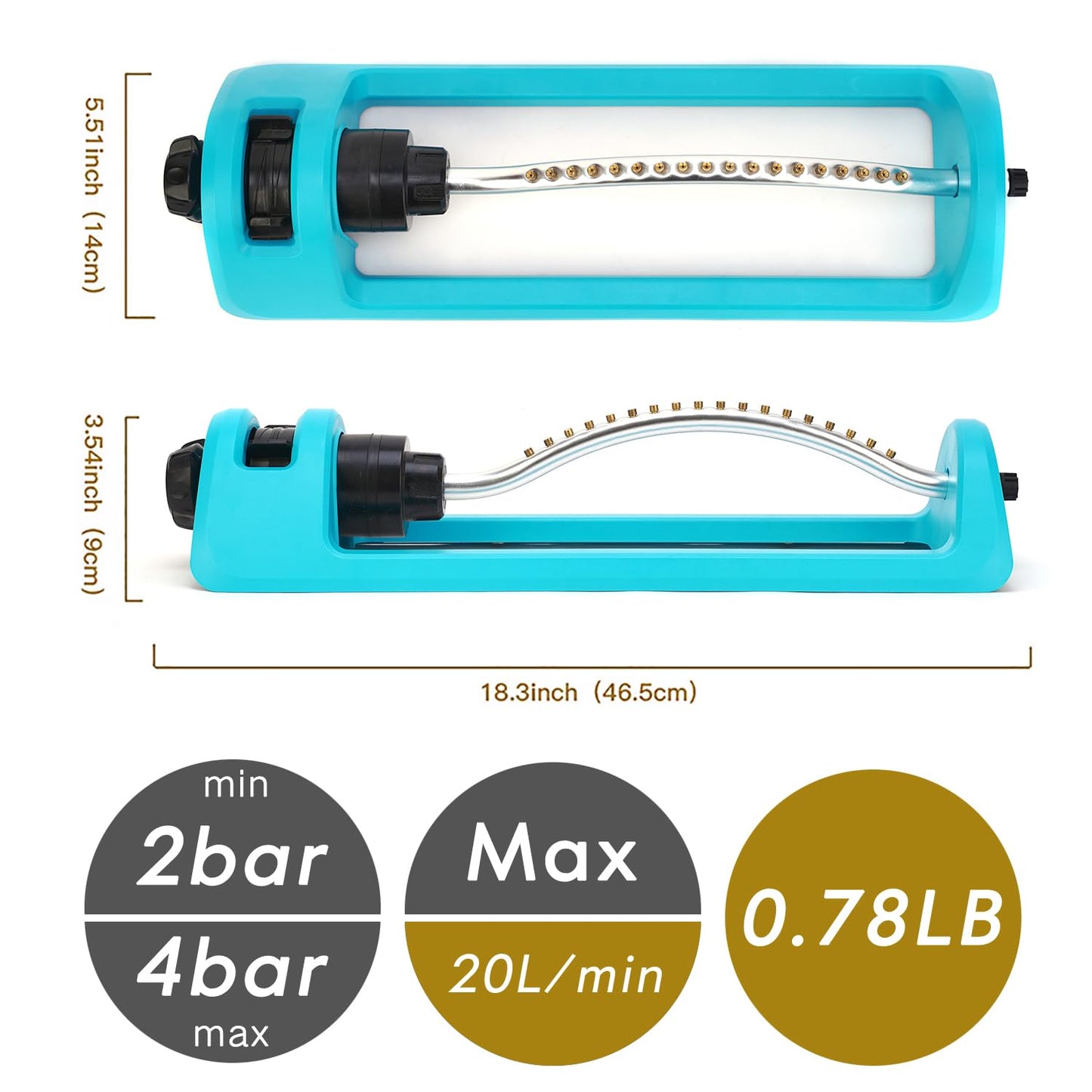 Lawn Sprinkler, Oscillating Sprinkler with 18 Hole Brass Nozzles, Gardening Tool Watering for Lawn & Garden Covers up to 3,600 sq.ft, Nozzle Cleaning Tool Build on the End of the Product, Blue