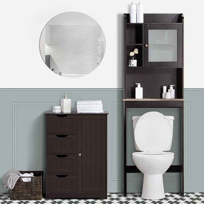 Yaheetech Wooden Bathroom Floor Cabinet, Side Storage Organizer Cabinet with 4 Drawers and 1 Cupboard, Freestanding Entryway Storage Unit Console Table, Home Decor Furniture, Brown