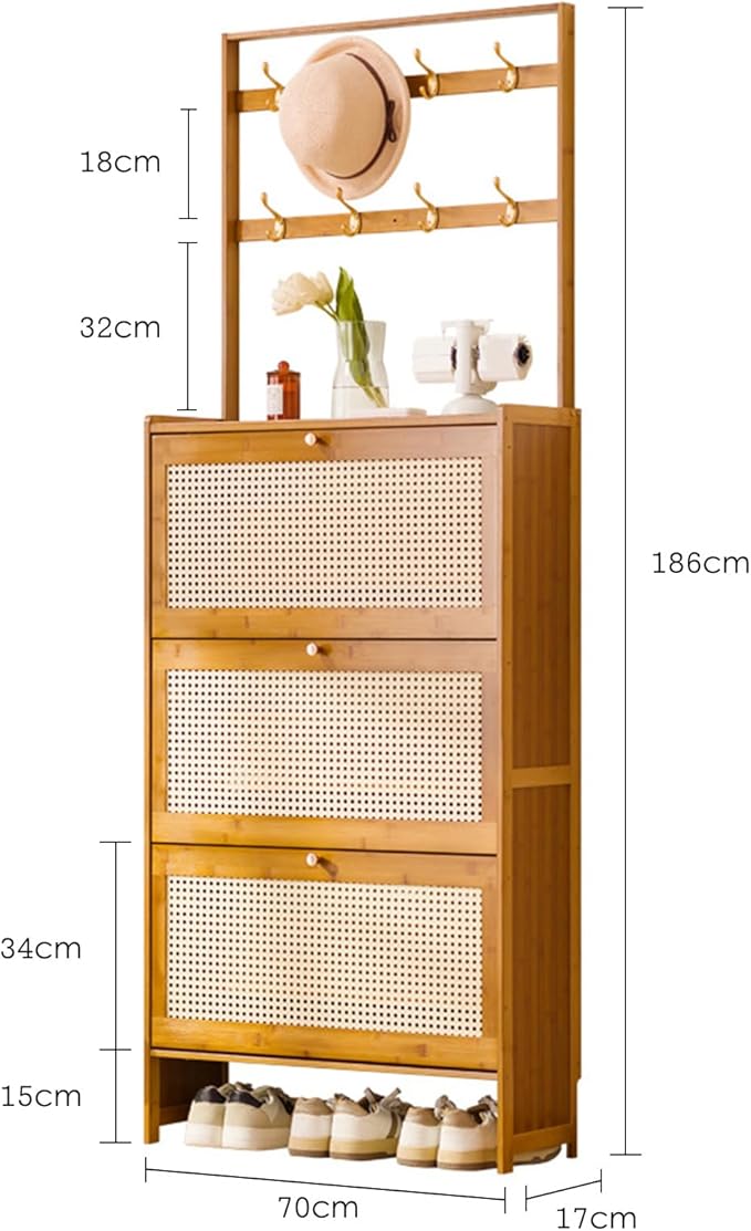 Modern Free Standing Rattan Coat Rack with 3 Flip Drawers 3Tier Shoe Storage Organizer for Entrance Hallway Natural and Stylish Design(70x17x186cm)