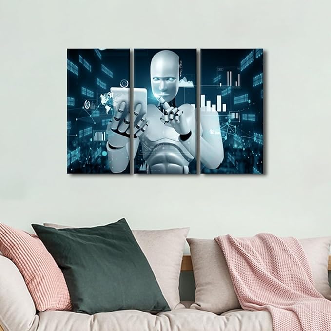 AI Intelligence Pictures for Living Room Wall Decor Banquet Art Prints Robot Paintings 3 Pieces Canvas Wall Art Robot Canvas Prints Framed Wall Art Ready to Hang, 36" Wx24 H