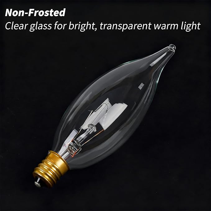 E12 Candle Light Bulbs 60W, Warm White 2700K Dimmable Chandelier Light Bulbs for Ceiling Fan or Pendants, CA10 Clear Candelabra Gold Base Bulbs, 20 Pack