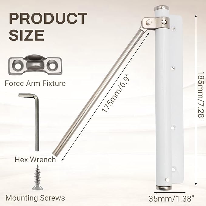 Litoexpe Automatic Door Closer, Safety Spring Door Closers Auto Soft Close, Adjustable Catch Speed with Arm, White
