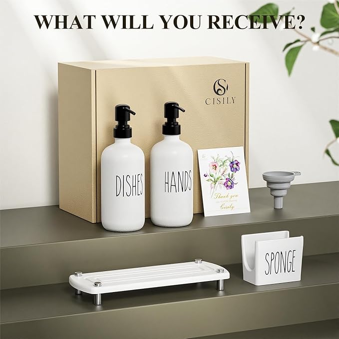 Cisily Kitchen Soap Dispenser Set Comes with Ceramics Sponge Holder, Gold Pumps, and Instant Dry Tray (White&Black, 4 Pack)