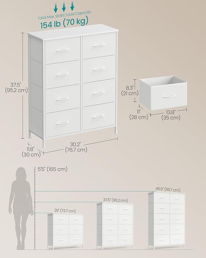 SONGMICS Dresser for Bedroom, Chest of Drawers, Steel, MDF, 8 Non-Woven Fabric Drawers, Storage Organizer Unit, Closet, Entryway, Cloud White and Snow White ULGS124W01S