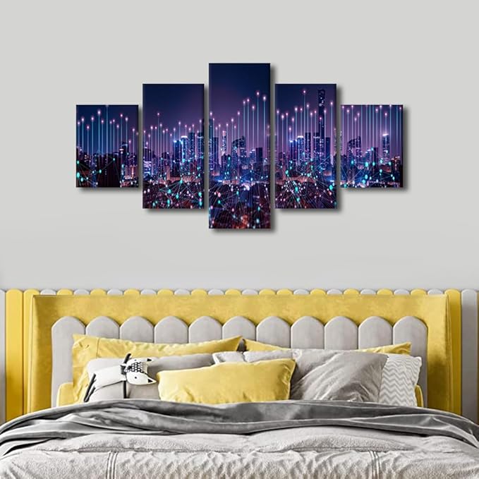 5 Panel Home Wall Art Decor Communication Network Picture Abstract Point City Poster 5 Panel Network City Poster Internet Workers Living Room Corridor Decor Native Americans Canvas Art 60x32 Inch