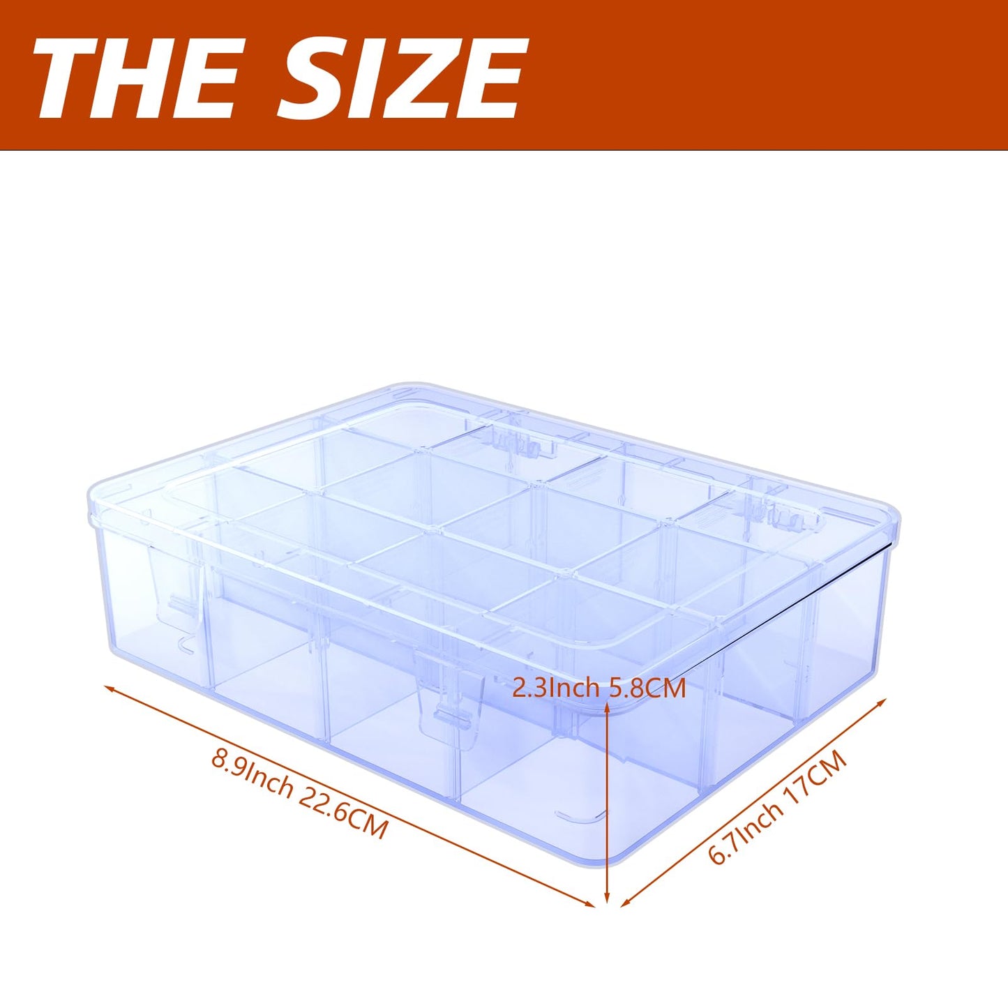 SRNYJAO Plastic Organizer Tackle Box, 12 Grids Clear Bead Organizer Compartment Box with Removable Dividers for Snackle box,Parts, Earring Tool Fishing Hook Hair Accessories,8.8" L x 6.4"" W x 2"" H"