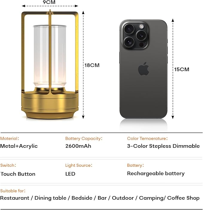 Portable Metal Table Lamp for Indoor/Outdoor ,Rechargeable Cordless LED Lamp, 3-Colour Infinitely Dimming Battery Powered Small Desk Lamp, Restaurant/Bedroom/Bar/Coffee Shop/Camping Light (Gold)