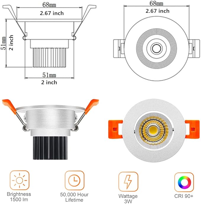 LightingWill 2inch LED Dimmable Downlight, 3W COB Recessed Ceiling Light, Warm White 3000K-3500K, CRI80, 25W Halogen Bulbs Equivalent, Silver(10 Pack)