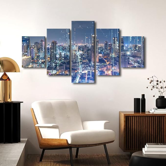 5 Panel Sense of Technology Poster Native Americans Home Wall Decoration Big Data Worker Bedroom Canvas Decorate Modern City Landscape Picture Printing Frame and Stretched Ready to Hang 60x32 Inch
