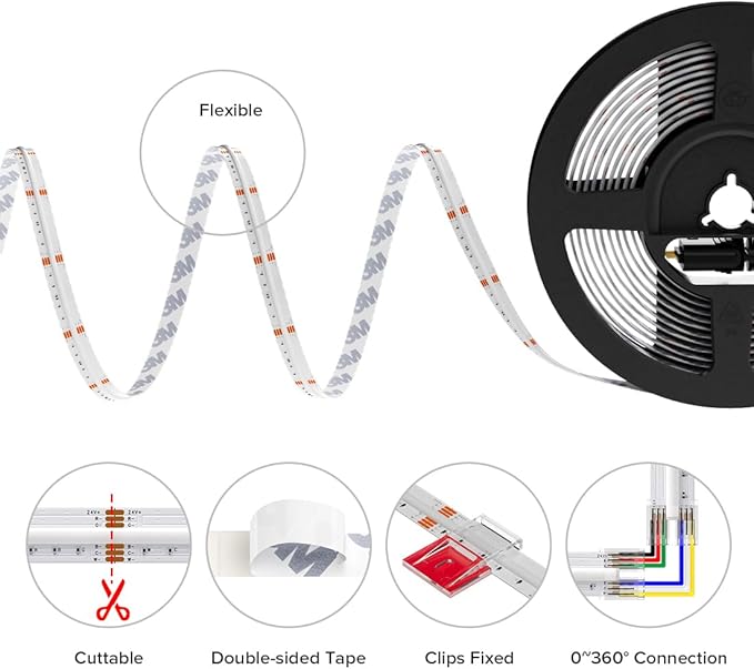 BTF-LIGHTING FCOB COB RGBCCT Color Changing LED Strip with Remote,UL Listed Flexible High Density DC24V 16.4FT RGB+Tunable White 3000K-6000K RF Remote Controller 12mm Width 3M Tape for Home Decor