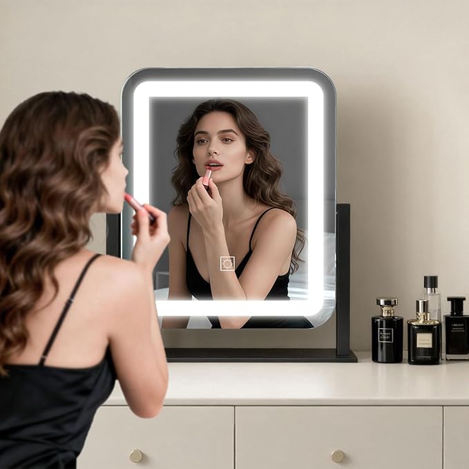 HNV Vanity Mirror with Lights - 15"x13" LED Lighted Makeup Mirror, Dimmable Touch Screen with 3-Color Lighting, 360° Rotation, Black Aluminum Frame for Vanity Desk, Bedroom, Tabletop