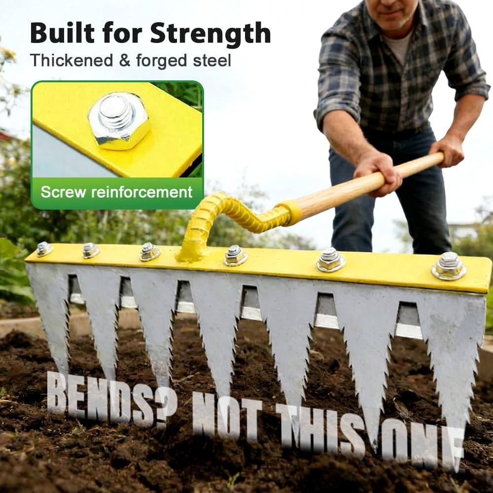 Iron Weeding Rake 2.0, Heavy Duty Garden Hand Weeder Rake, 4/5/6/7 Teeth Weeder Tool for Yard Lawn Garden, Manual Weed Puller Gardening Weeding Tool (5 Teeth)