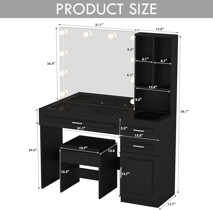 Fameill Vanity Desk with Lighted Mirror & Power Strip,Large Vanity Table with Glass top and Lots Storage,3 Drawer Makeup Desk with Hair Dryer Stand,3 Lighting Modes,Black