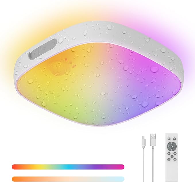 FULEN Shower Lights IP65 Waterproof, Motion Sensor Ceiling Light, Rechargeable Closet Light with 10000mAh Battery, LED Shower Lamp for Bathroom, Cordless Ceiling Lamp with RGB Colors, Remote Control