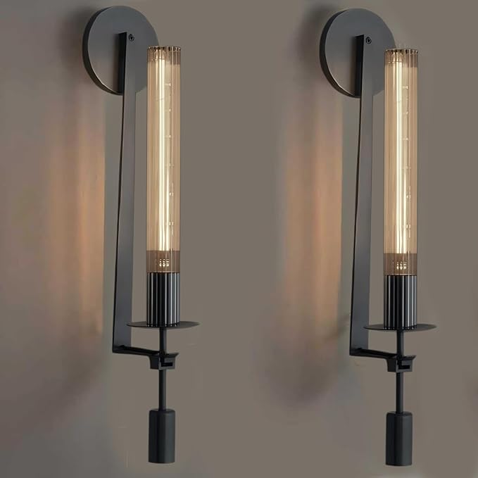 LIGHTLAND Black Wall Sconces Set of 2, 28 Inch Modern Metal Glass Wall Light Fixture, Wall Lamp for Living Room Bedroom Hallway
