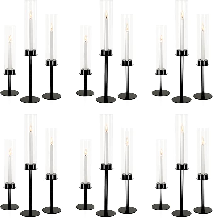 Hurricane Candle Holders Metal Candlestick Holder for Glass Taper Tall Candle Holders with Crystal Chimney Tube Candles Stands for Home Decor, Christmas, Dinning (18, Black)