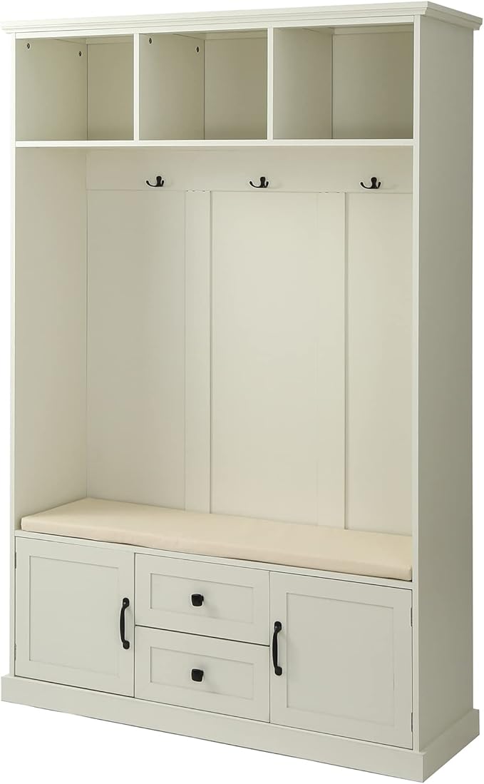 RUNNA Wooden 3-in-1 Hall Tree with 2 Cabinet and 2 Drawers,3 Open Shelves and 3 Hooks,Coat Hanger and Storage Bench,for Livingroom Hallway Entryway Use (Beige@Hanger)