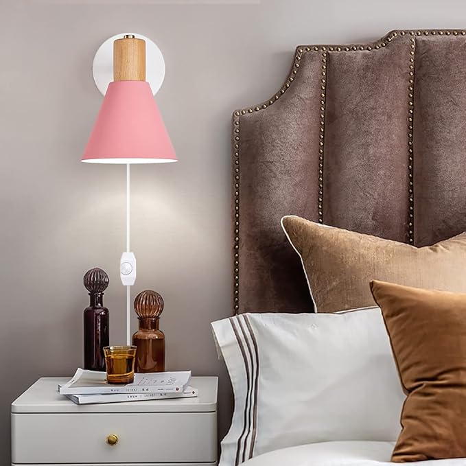 ClanKin Wall Sconces Lighting Set of 2 for Bedroom, Black Dimmable Wood Style Wall Sconce Reading Lamp, Adjustable Wall Light for Bedroom Hallway Living Room (Pink-Plug in, 2)