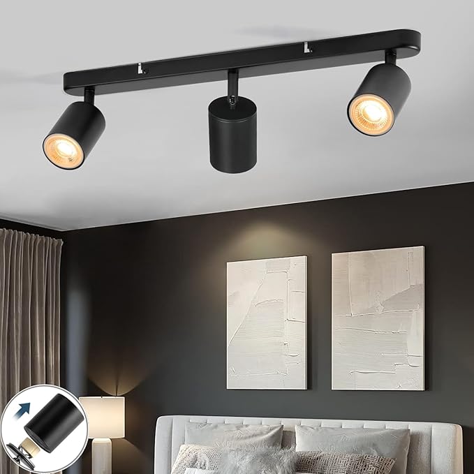 3 Light Track Lighting Kit Flexibly Rotatable Track Light Ceiling Kitchen LED Ceiling spot Light for Bedroom, Picture Wall, Hallway, Office, Bar, GU10 Socket (Black-3 Light)