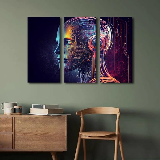 TUMOVO Artificial Intelligence Pictures Print for Living Room Decoration 3 Panel AI Wall Art Futuristic Technology Artwork for Home Office Wall Decoration Wooden Framed Ready to Hang, 36" Wx24 H