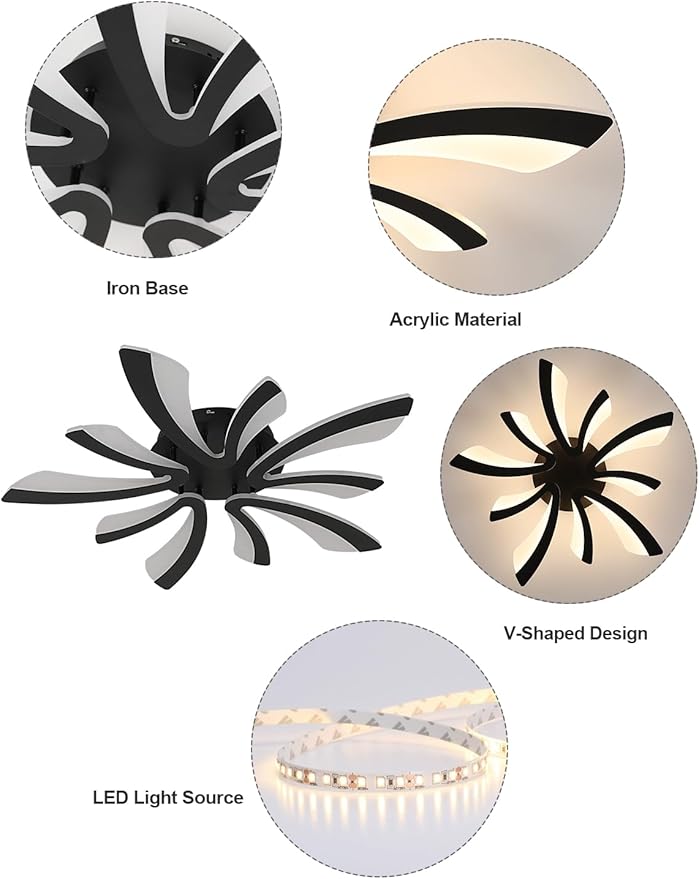 Goeco Modern Ceiling Light, 27.5'' Dimmable LED Black Acrylic V-Shaped Flush Mount Ceiling Lights, 3000K/4000K/6500K with Remote Control Ceiling Light Fixture for Living Room, Dining Room, Bedroom