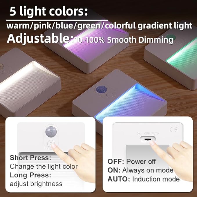 ASAWASA LED Motion Sensor Night Light, 7 Colors Rechargeable Magnetic Decor Wall Lights, Dimmable, Suitable for Bathroom hallways bedrooms Kitchen cabinets Staircase
