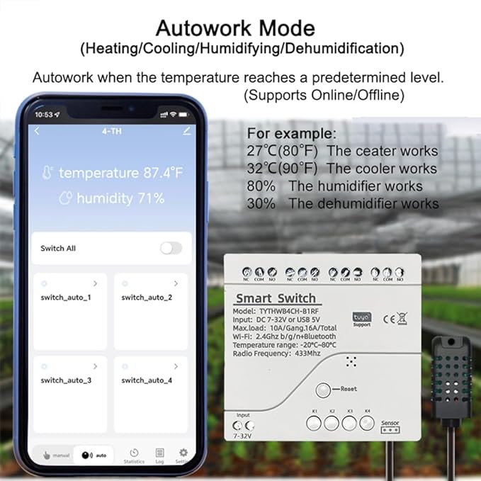 Tuya 4CH WiFi Switch 7-32V Smart Temperature and Humidity Sensor, Dry Contact, Remote Application Control and Monitoring Function, Voice Control, Smart Scene, Compatible with Alexa and Google Home