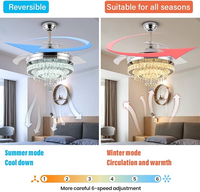 42" Dimmable Fandeliers Modern Crystal Chandeliers Ceiling Fans 6 Speeds Adjustable, with Memory and Timing Functions, APP & Remote Control Fandelier for Living Dining Room Bedroom