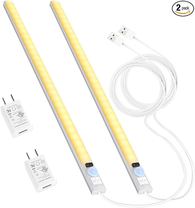 Improved 15.7" Touchless USB Plug-in LED Motion Sensor Under Cabinet Light, Super Bright & Dimmable, Motion Sensor Light Indoor for Kitchen, Cabinet, Closet, Pantry - Warm 2Pack