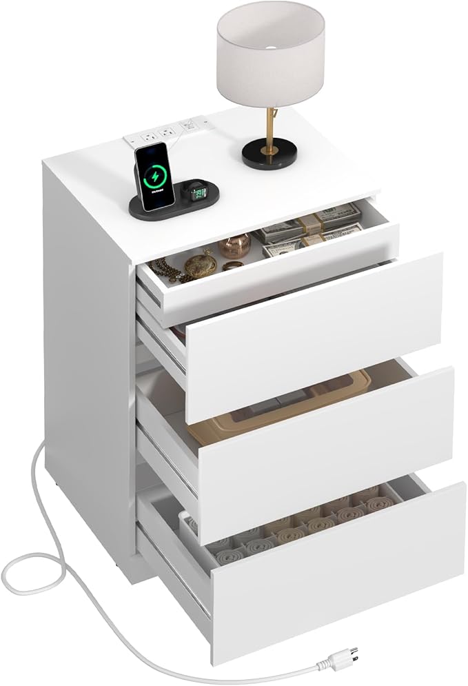 Nightstand, 4 Drawers, 26" H with Hidden Drawer, Bedside Table with Charging Station, Modern Night Stand for Bedroom, White