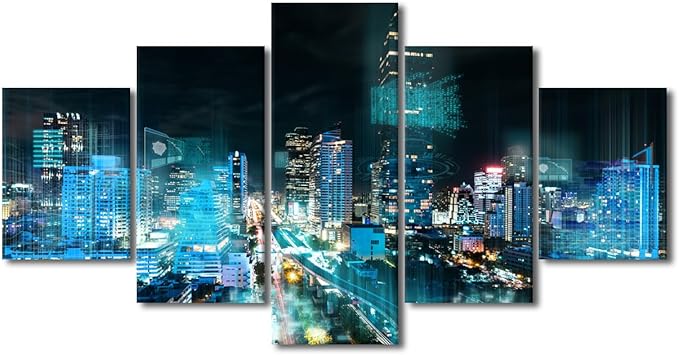 Smart City Wall Art Office Decoration 5 Panel Cityscape Poster Energy Digitalization Picture Printing Internet Workers Living Room and Bedroom Decoration Frame and Stretched Ready to Hang 60x32 Inch