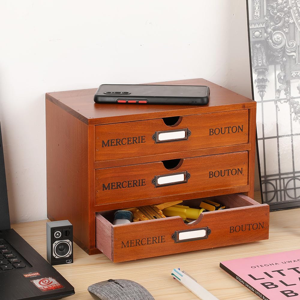 PACKGILO Wooden Storage Box Rustic Desktop Organizer with 3 Drawers Office Desk Accessories Shelf Small Craft Storage Containers Apothecary Cabinet and Chest Jewelry Holder for women(BROWN)