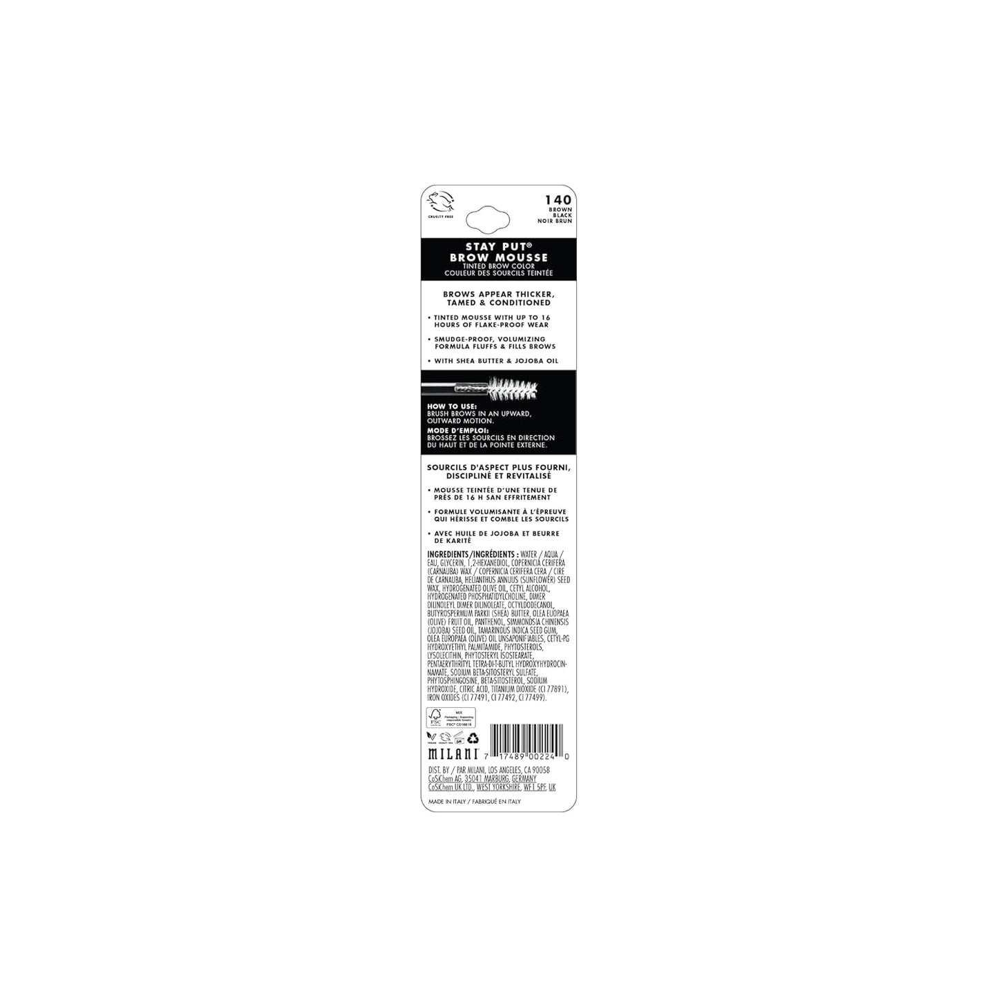 Milani Brow Tint- Stay Put Tinted Brow Mousse, Nourishing, High-Pigment infused with Shea Butter, Jojoba Seed Oil & Panthenol Vitamin B5 - Brown Black