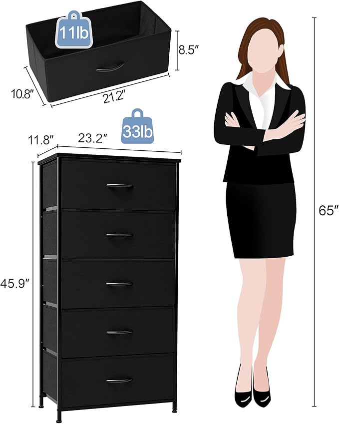 Crestlive Products Vertical Dresser Storage Tower - Sturdy Steel Frame, Wood Top, Easy Pull Fabric Bins - Wide Organizer Unit for Bedroom, Hallway, Entryway, Closets - 5 Drawers(Black)
