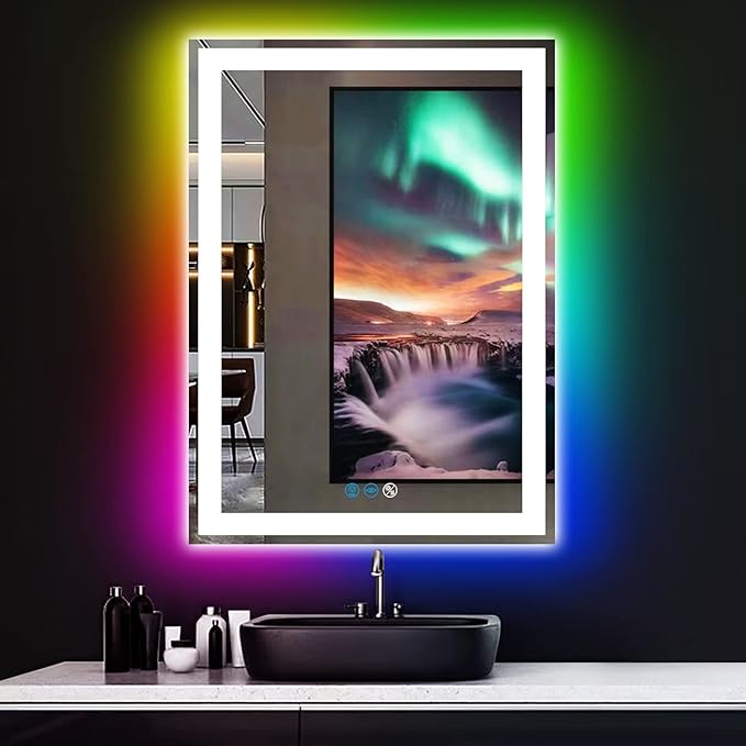 30 x 20 Inch Square LED Bathroom Mirror with Front Lights 3 Color + Rainbow RGB Backlit Light up Mirror for Bathroom Wall Mounted Lighted Vanity Mirror Anti Fog RGB 30x20 Smart Lighted Mirror