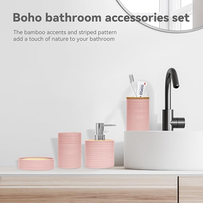Bathroom Accessories Set 4 PCS, Bamboo Bathroom Accessory Set Includes Soap Dish, Soap Dispenser, Toothbrush Holder, Toothbrush Cup, Bathroom Sets Accessories, Boho Bathroom Decor(Light Pink)
