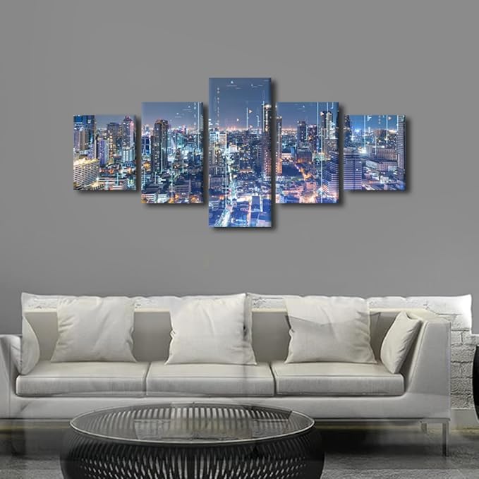 Canvas Wall Art for Living Room Modern City Landscape Picture 5 Panel Big Data Connection Poster Big Data Worker Home Decor Native Americans Office Decor Frame and Stretched Ready to Hang 50x24 Inch