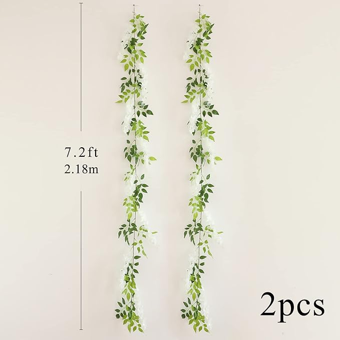 Wisteria Artificial Flowers Garland, 4Pcs Total 28.8ft Silk Faux Wisteria Vine Kit, Hanging Flower Plant for House Outdoor Garden Ceremony Outside Wedding Arch Floral Decor (4, White)