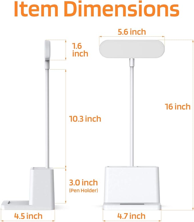 AXX Rechargeable Small Desk Lamp for Home Office Bedroom, Study Table Light for Kids Teens, White, LED, Pen Holder, Mini, Gooseneck, College Dorm Room Lighting for Computer Keyboard Desktop Task