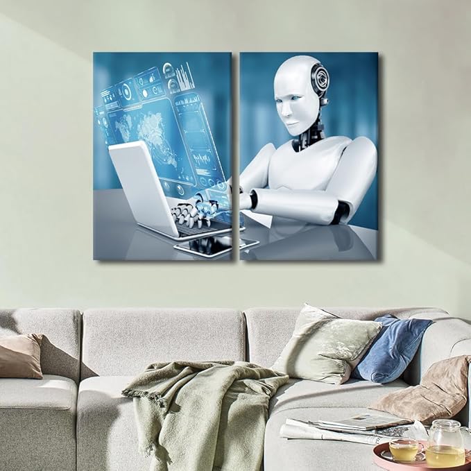 Canvas Print Robot Wall Art AI Intelligence Painting for Home Decor 3 Pieces Big Data Analysis Paintings Modern Giclee Stretched and Framed Artwork for Living Room Decor, 24" Wx16 H