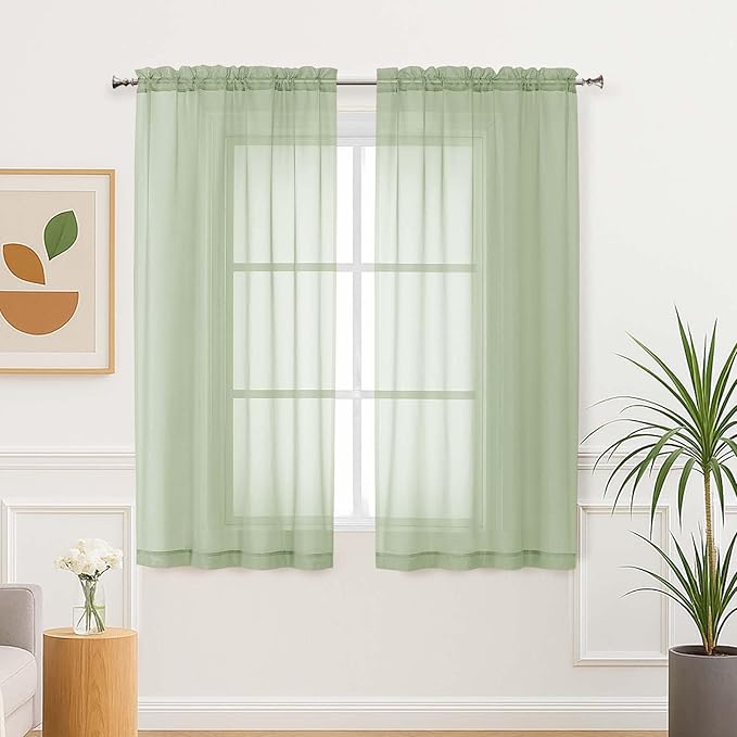 Aiyufeng Light Green Sheer Curtains 63 Inch Length 2 Panels Set for Living Room, Light Filtering Green Window Sheers Drapes for Bedroom, Each 42" W x 63" L
