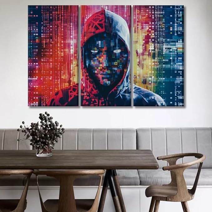 LSIUHWUWI Wall Art for Living Room 3 Panel Hacker in Mask on Dark Background with Digital Effects Pictures Posters Wall Decor for Home Office, Wooden Framed Ready to Hang, 20x40inchx3