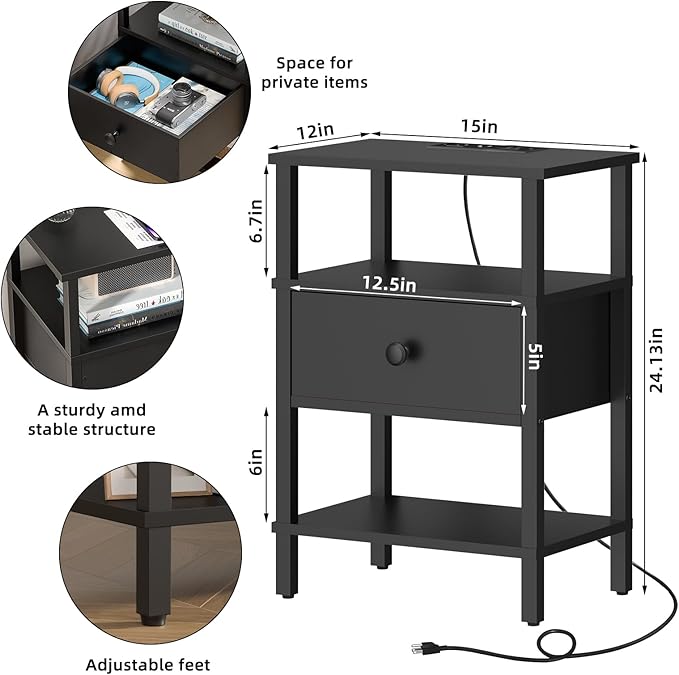 Lerliuo Nightstand with Charging Station and USB Ports, 3-Tier Storage End Table with Drawer Shelf, Night Stand for Small Spaces, Wood Bed Side Table for Living Room, Bedroom - Classic Black