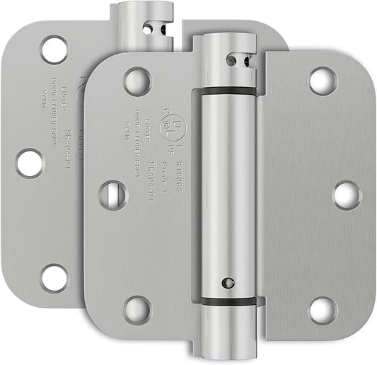 2 Pack Self Closing Door Hinges 3.5 Inch, Spring Door Hinge with 5/8'' Radius Corners, Adjustable Tension for Garage, Front, Back Door, UL Listed, Left and Right Hand, Brushed Nickel