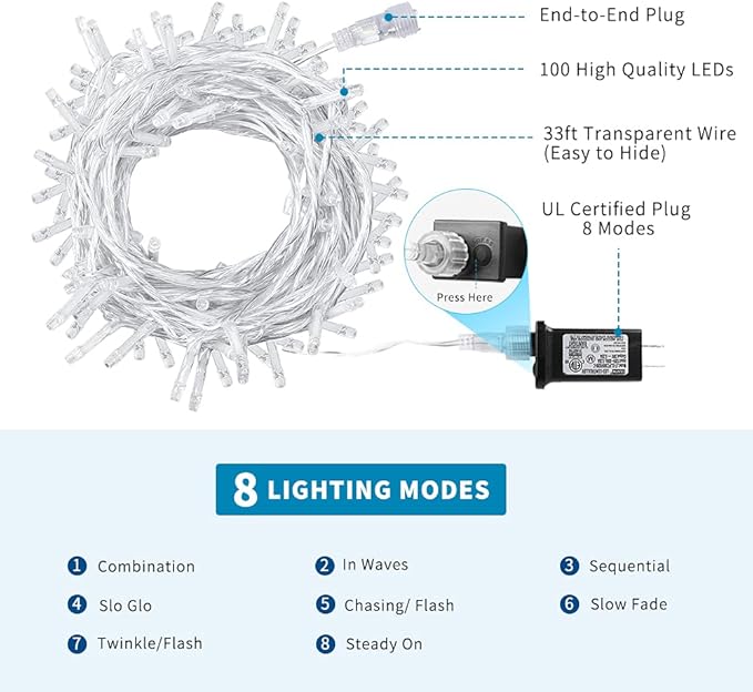 Christmas String Lights, 33FT 100 LEDs Blue Halloween String Lights 8 Modes Fairy Lights with End-to-End Plug Decoration for Christmas Tree Indoor Outdoor