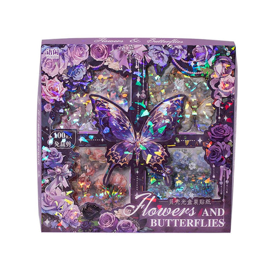 MAFELOE PET Scrapbook Stickers, 100 Sheets of Box Set, Aesthetic Deco Journaling Supplies for Junk Bullet Album Calendars Diary Planner- Flower& Butterfly Series