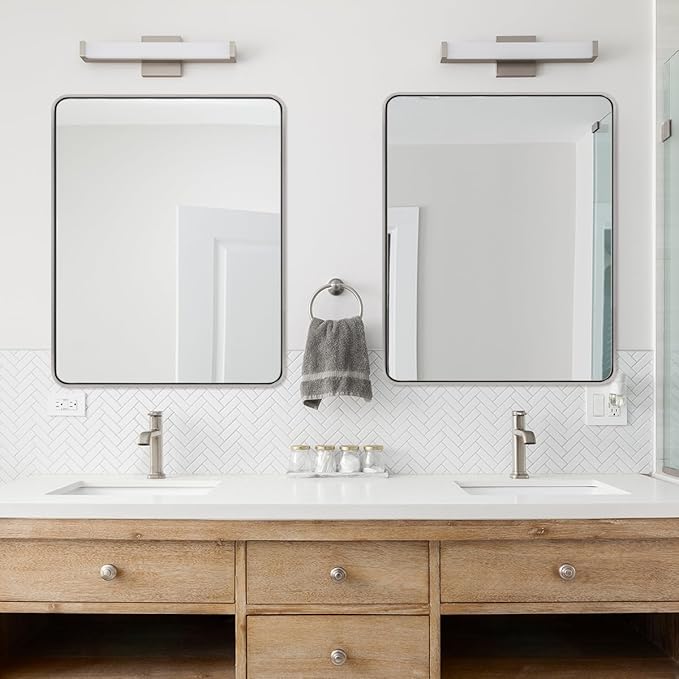 ANDY STAR 40x32 Inch Brushed Nickel Bathroom Mirror, Rounded Rectangle Bathroom Vanity Mirrors for Wall, Anti-Rust SUS304, Seamless Tube Metal Frame, 1’’ Deep Wall Mounted Vertically/Horizontal