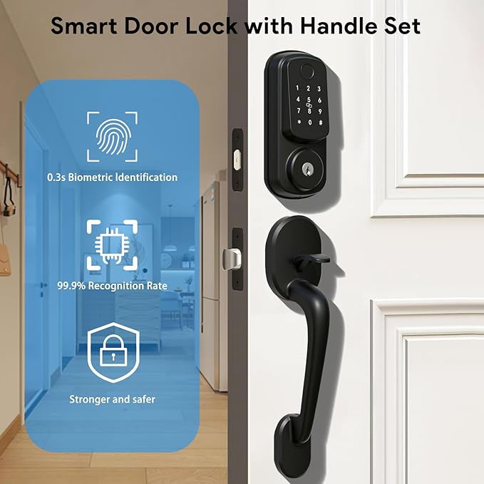 Keyless Entry Door Lock with Handle Set, Keyless Entry Deadbolt with Handle Set, Smart Locks for Front Door Alexa Fingerprint Auto Lock, Black