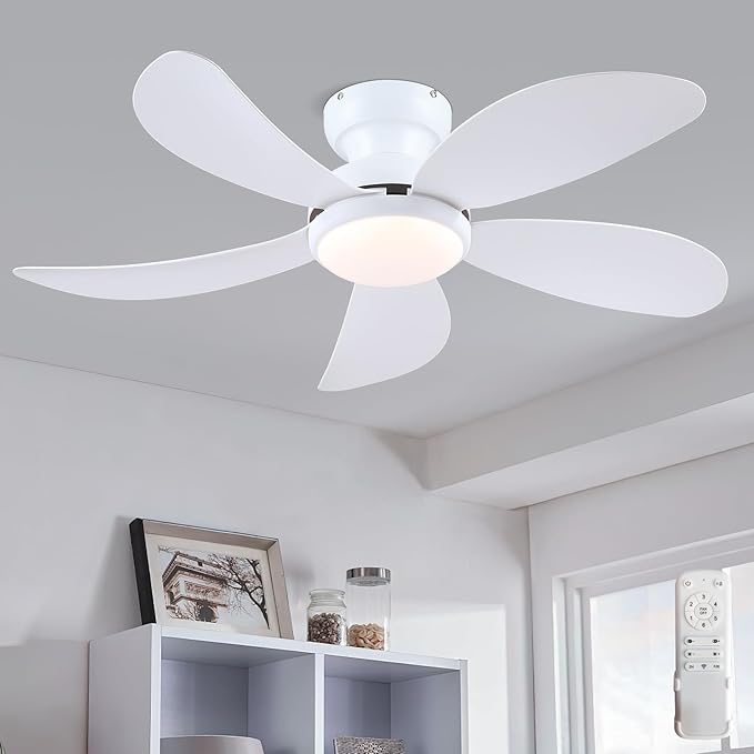 PHORUS 42" White Low Profile Ceiling Fans with Lights and Remote, Small Modern Flush Mount Ceiling Fans with Quiet Reversible DC Motor, Dimmable 3 Colors 6 Speeds
