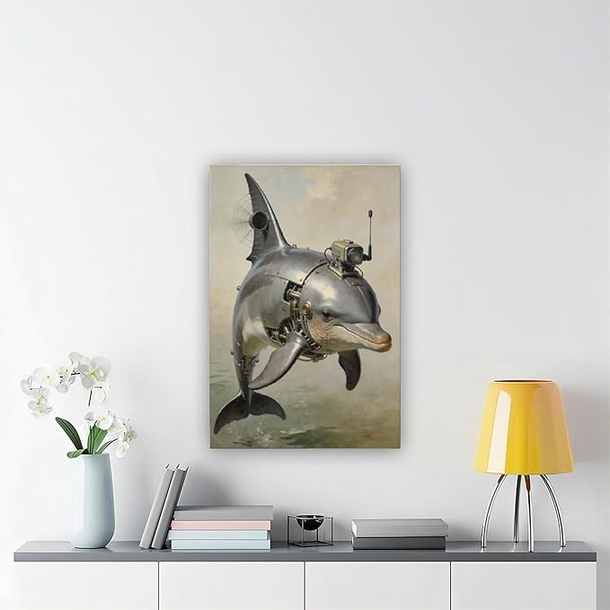 Framed Steampunk Mechanical Dolphin Wall Art - Marine Retro-Futuristic Poster for Beach House Living Room Decor 24x36inch(60x90cm)